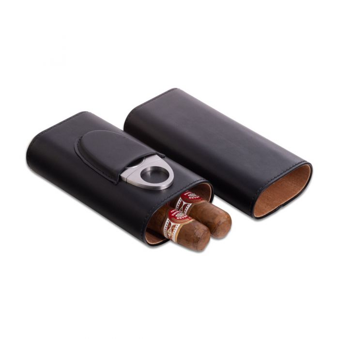 Leather 2 Cigar Carrying Case w/ Cutter - Black
