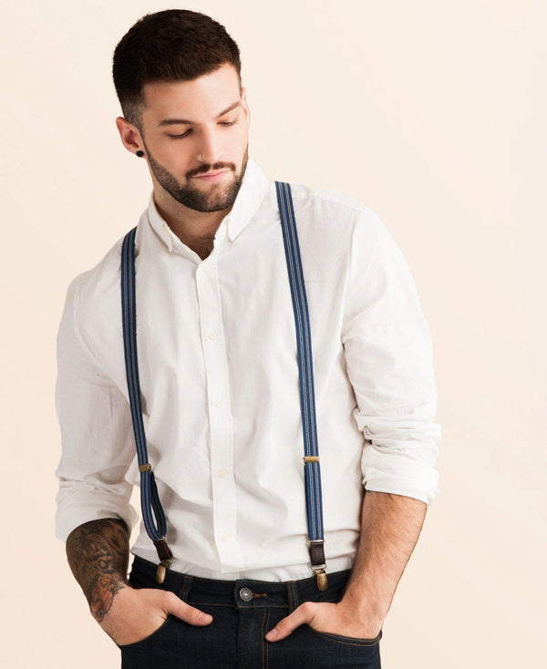 Skinny Suspenders - Scholar Navy Blue Pin Striped - SAMSON A Men's
