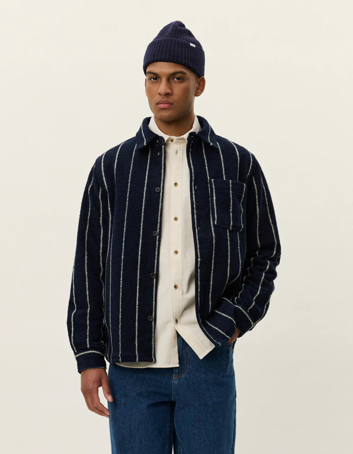 Lennon Wool Pinstripe Overshirt - Dark Navy