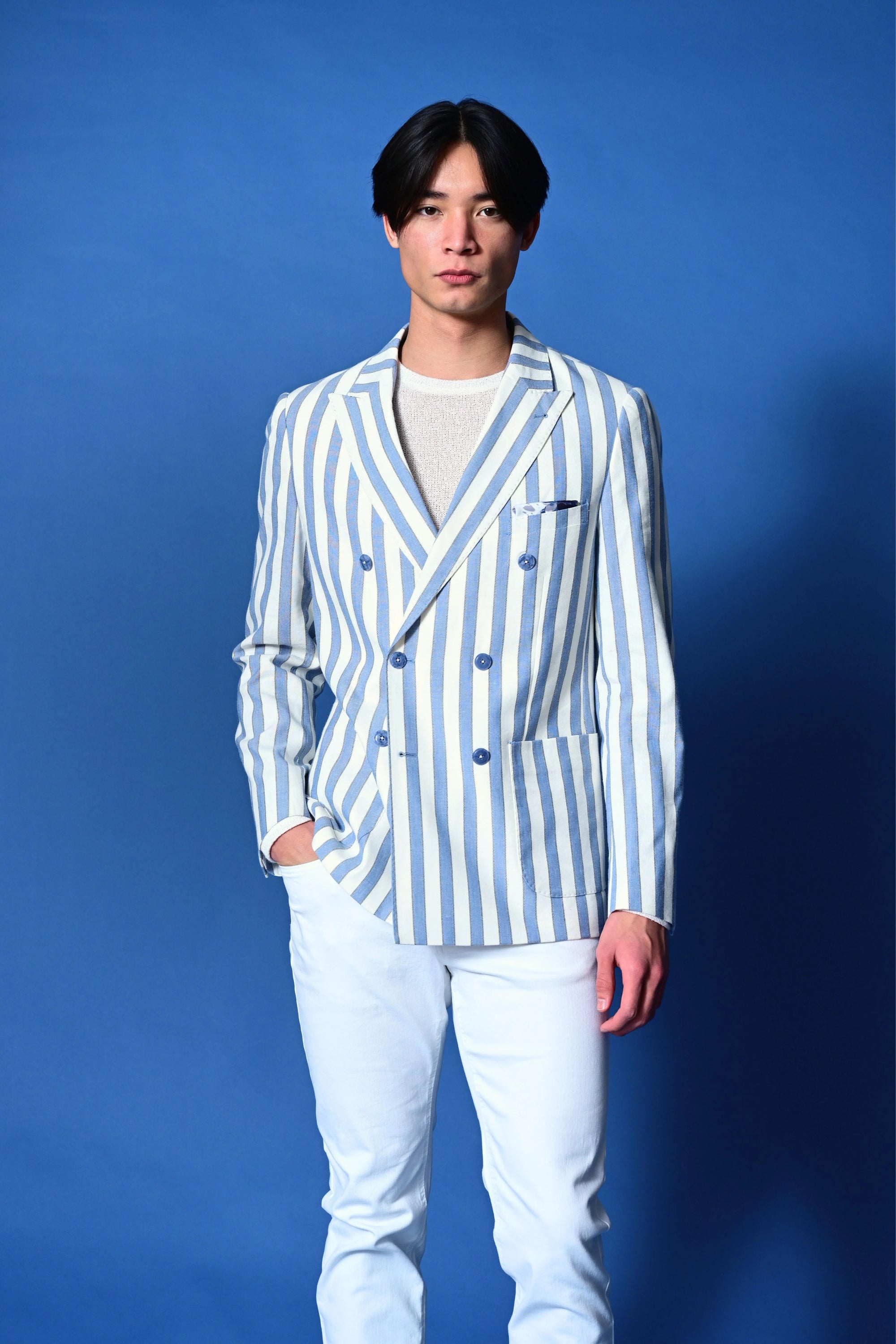 Soho Peak Double Breasted Slim Jacket - Blue & Cream Stripe