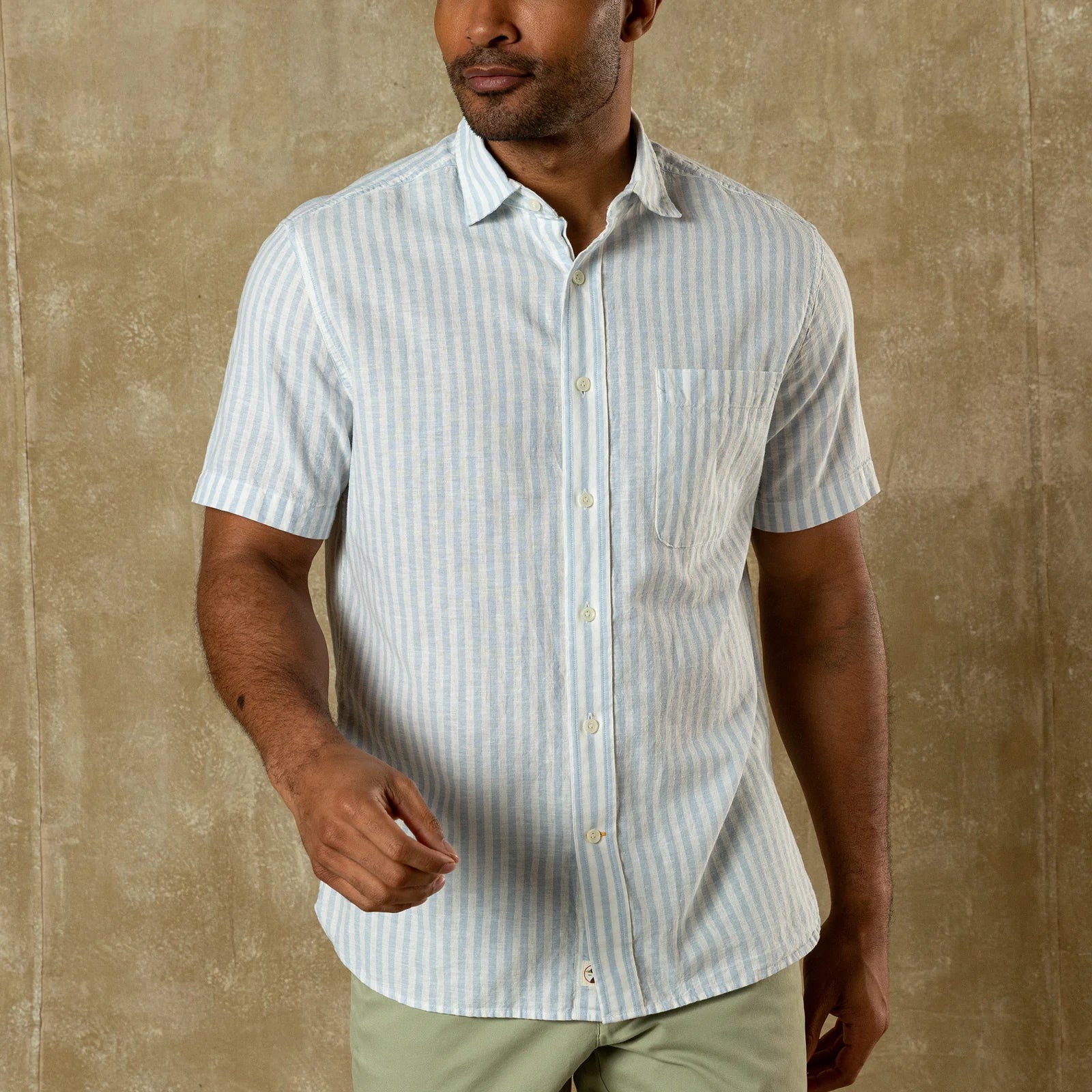 Short Sleeve Linen Cotton Oxford Sport Shirt - Baxter Sky Blue Stripe