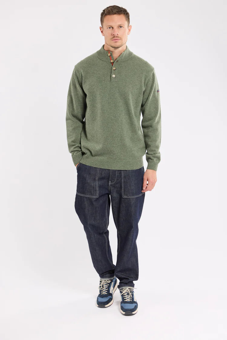 Button Neck Sweater - Moss Green & Paprika