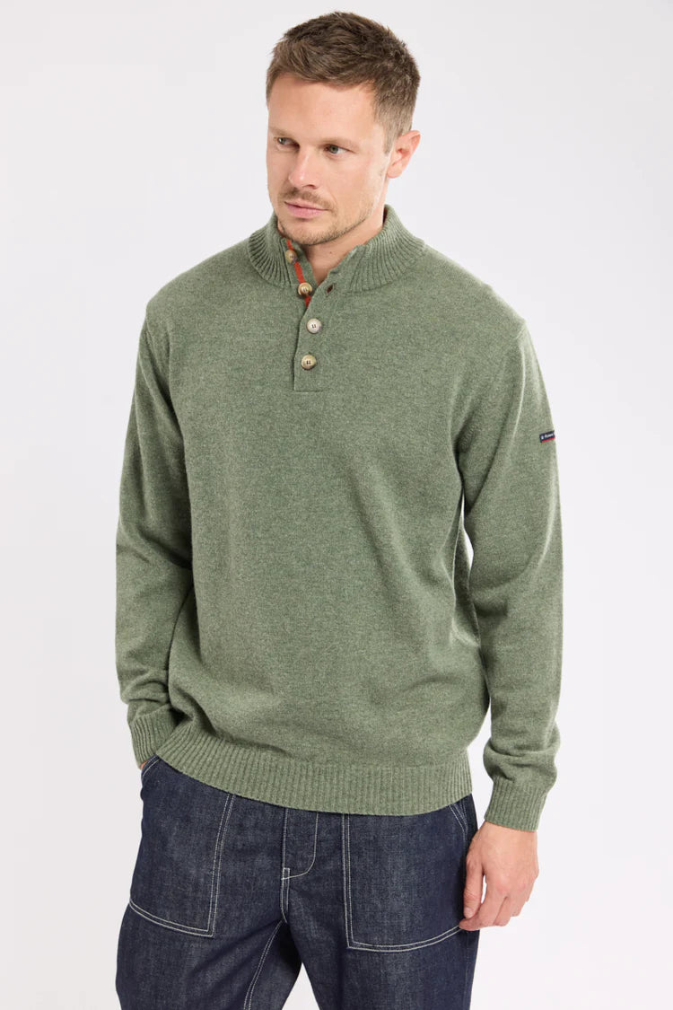 Button Neck Sweater - Moss Green & Paprika