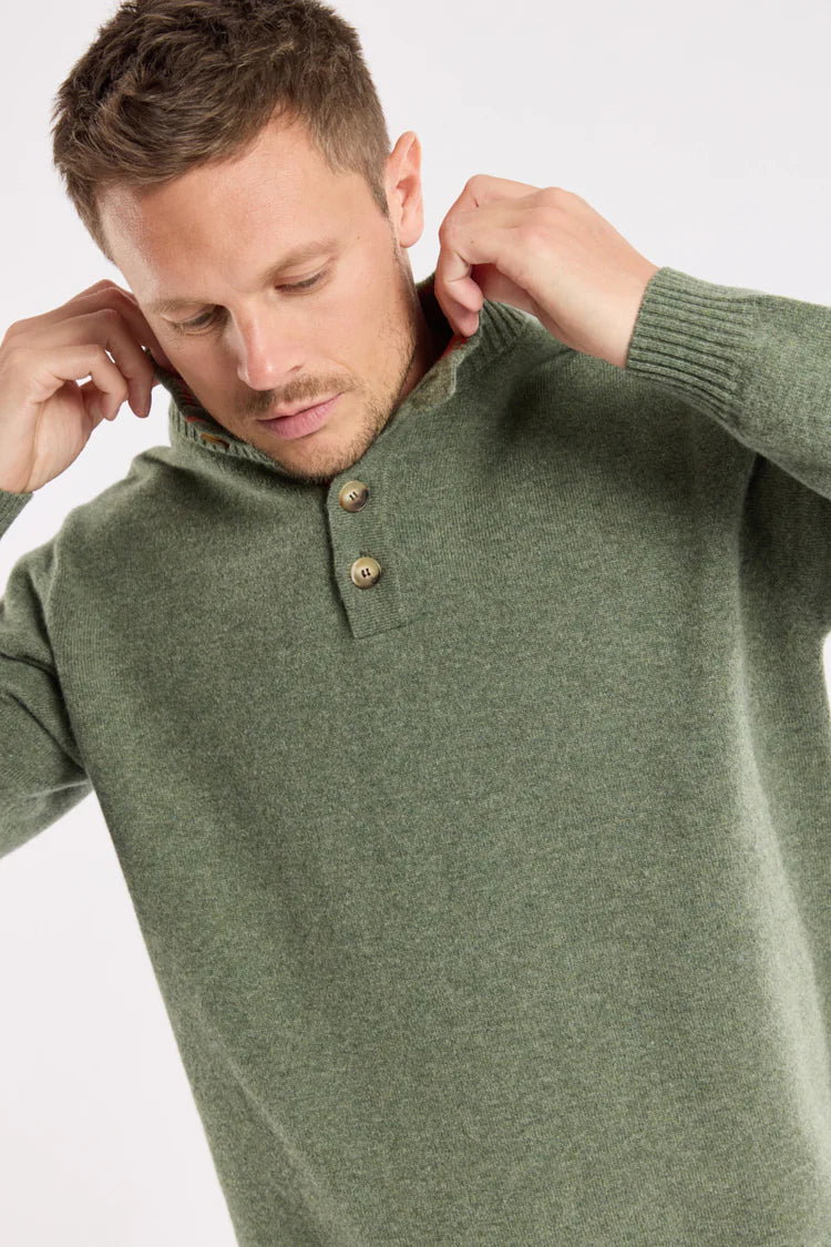 Button Neck Sweater - Moss Green & Paprika
