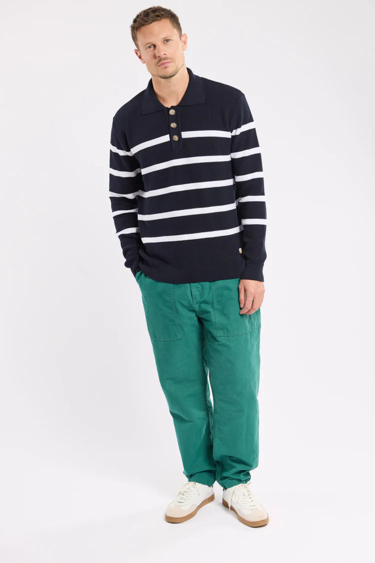 Heritage Polo Collar Striped Sweater - Navy & White