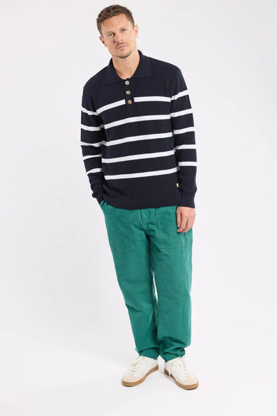 Heritage Polo Collar Striped Sweater - Navy & White