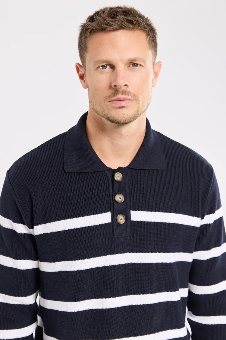 Heritage Polo Collar Striped Sweater - Navy & White