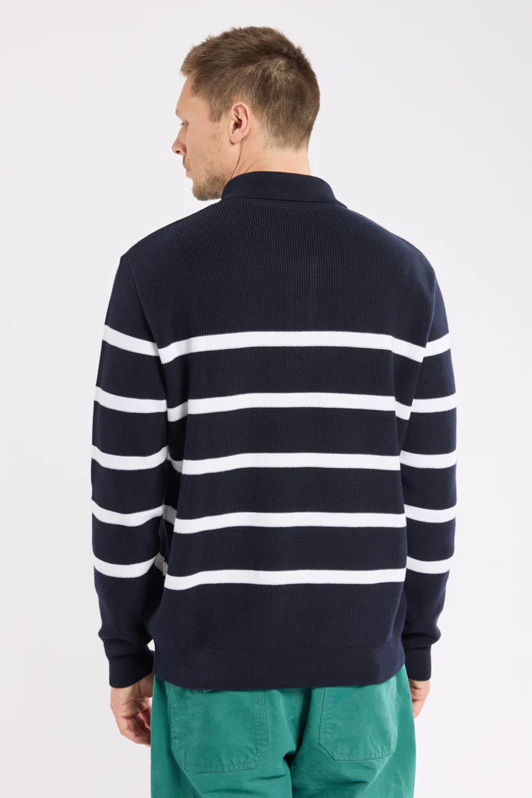 Heritage Polo Collar Striped Sweater - Navy & White