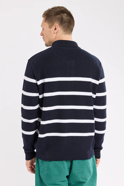 Heritage Polo Collar Striped Sweater - Navy & White