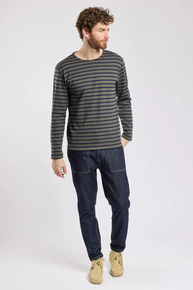 Breton Striped Long Sleeve Shirt - Olive Green & Marine Blue