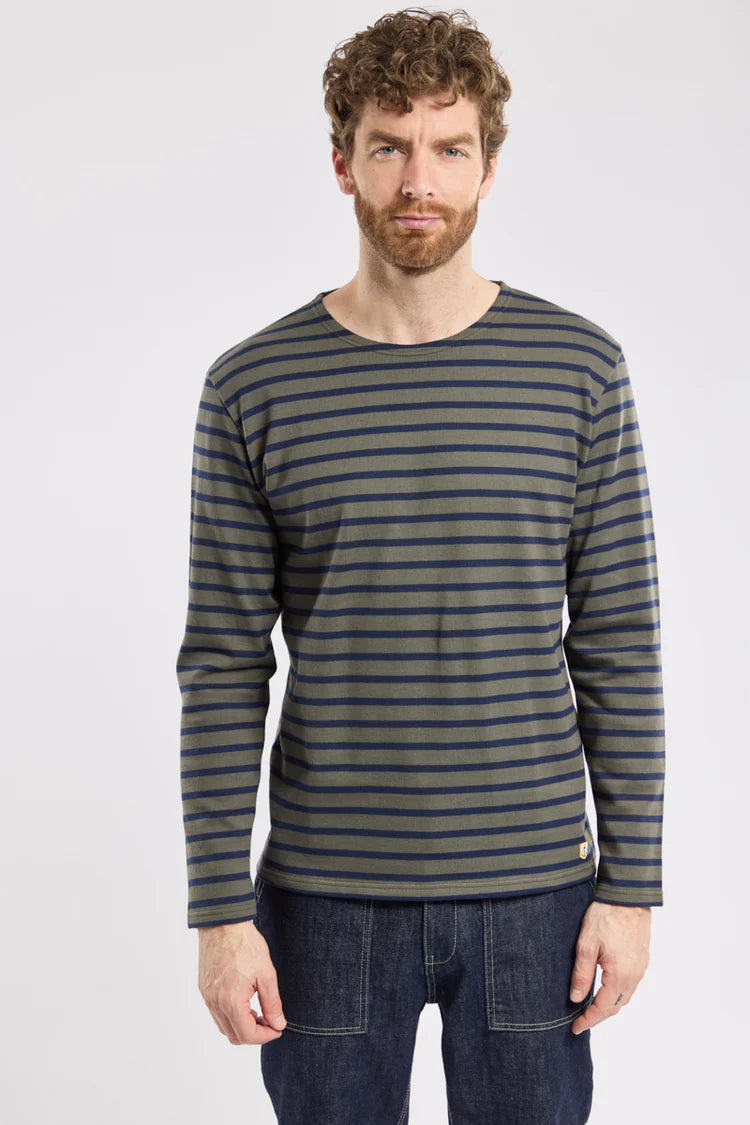 Breton Striped Long Sleeve Shirt - Olive Green & Marine Blue