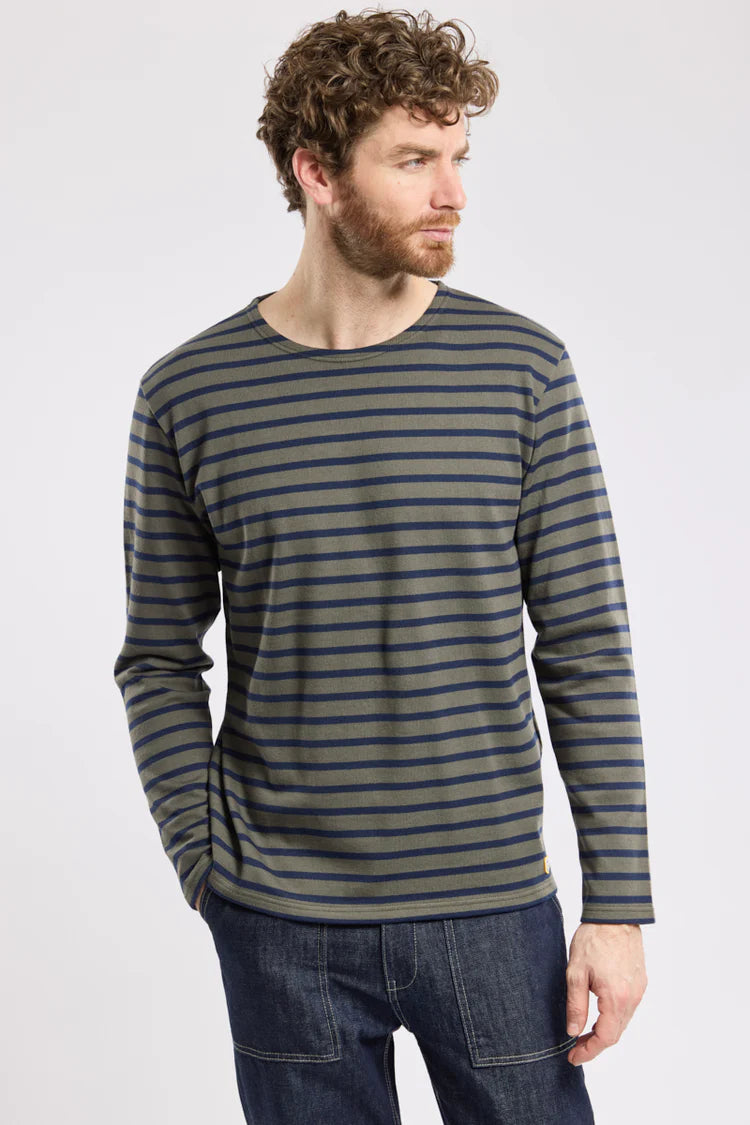 Breton Striped Long Sleeve Shirt - Olive Green & Marine Blue
