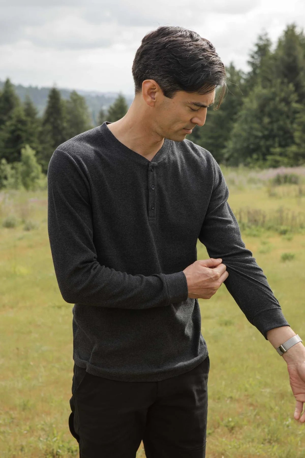 Recycled Waffle Henley - Charcoal