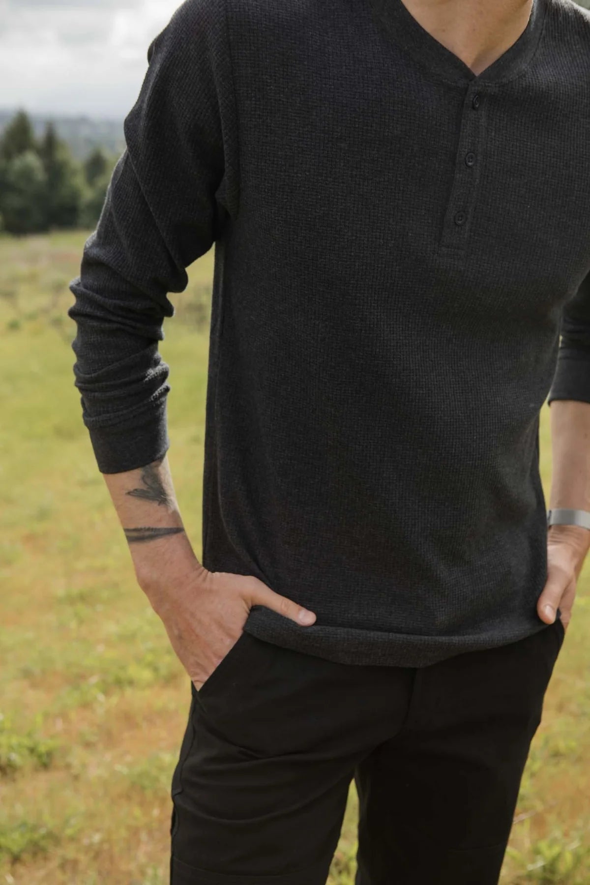 Recycled Waffle Henley - Charcoal