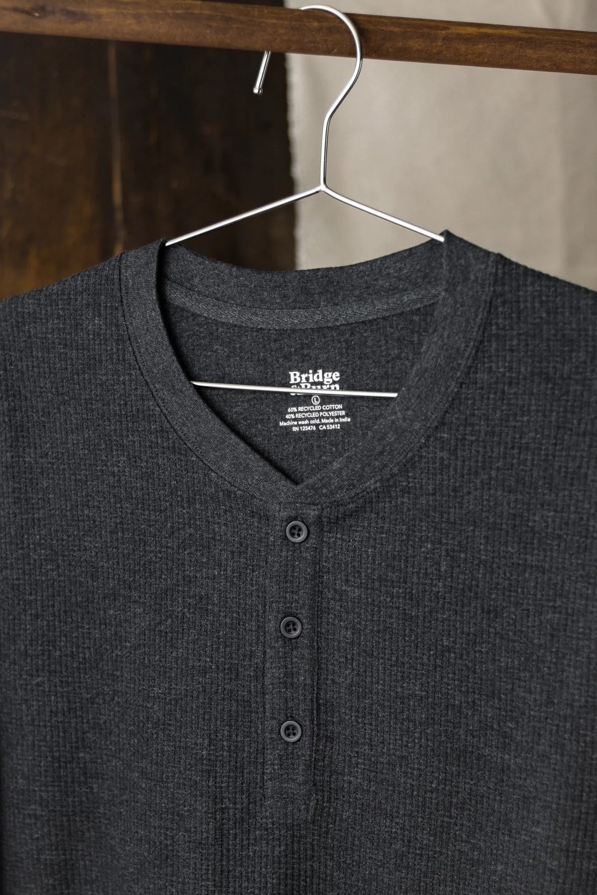 Recycled Waffle Henley - Charcoal