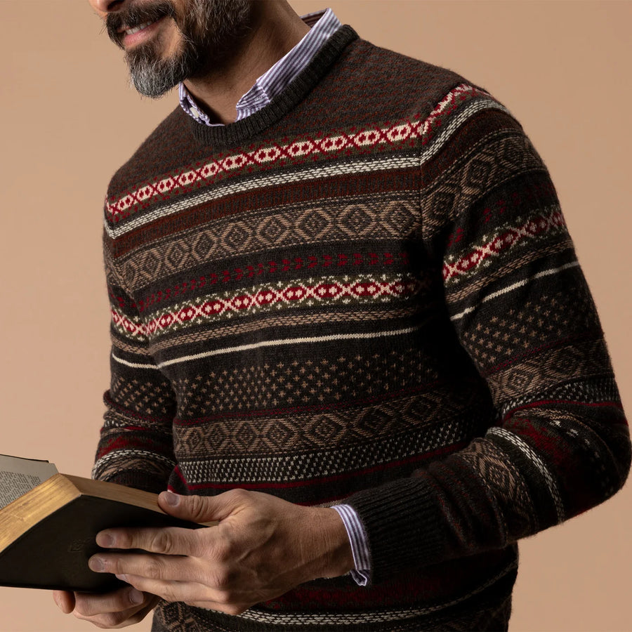 Birch Fair Isle Crewneck Sweater - Espresso Brown