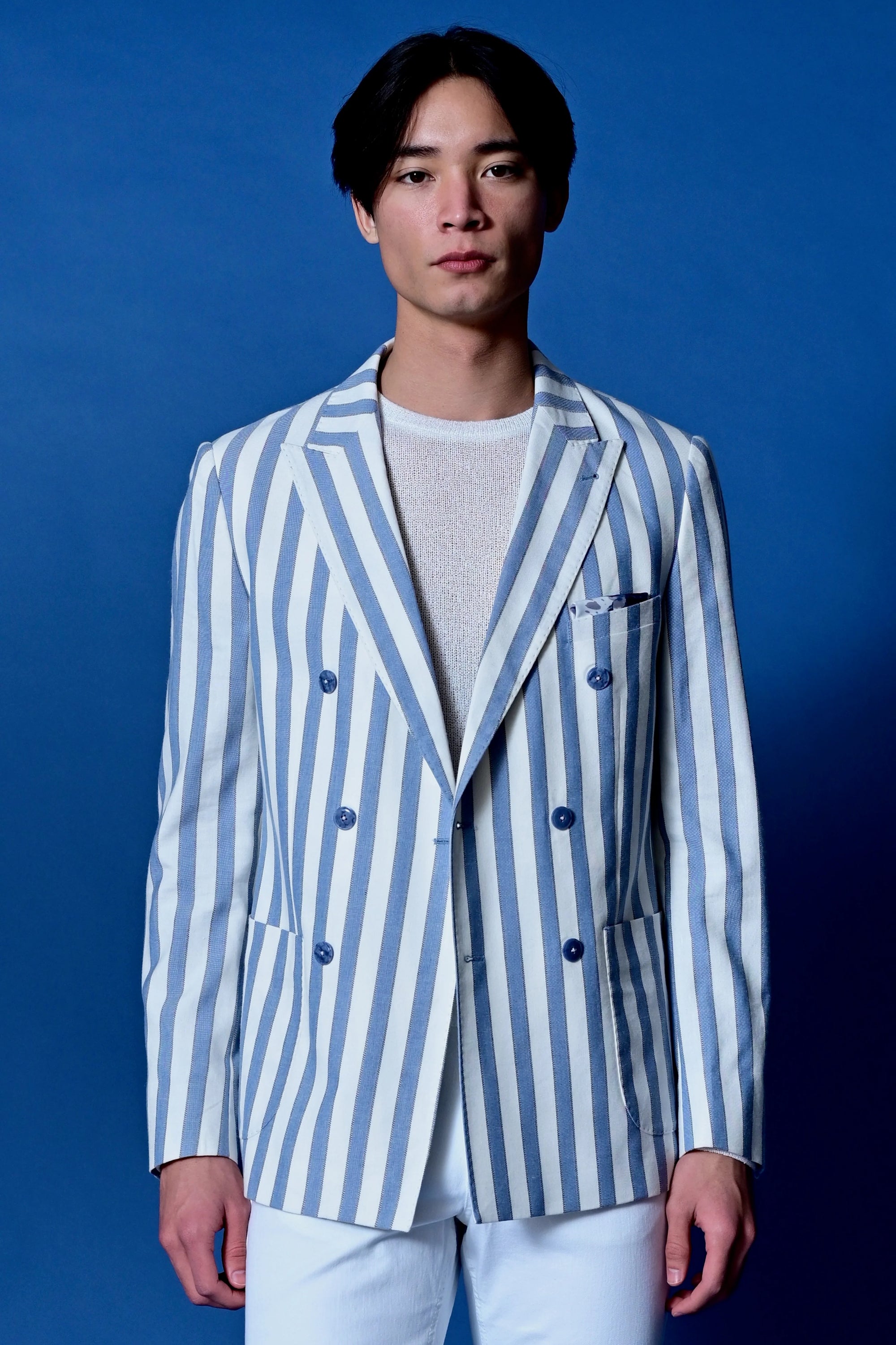 Soho Peak Double Breasted Slim Jacket - Blue & Cream Stripe