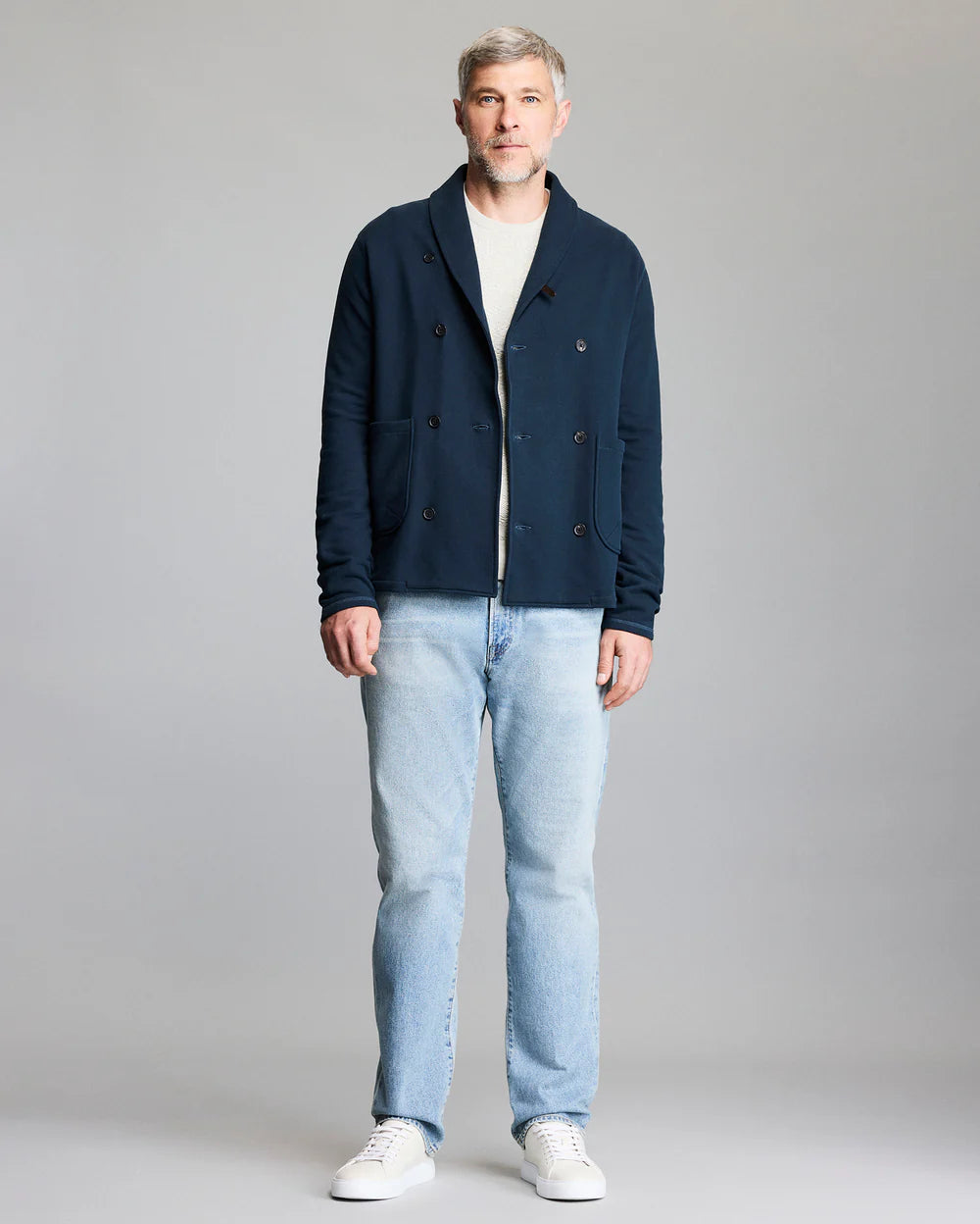 John French Terry Cotton Shawl Cardigan - Carbon Blue