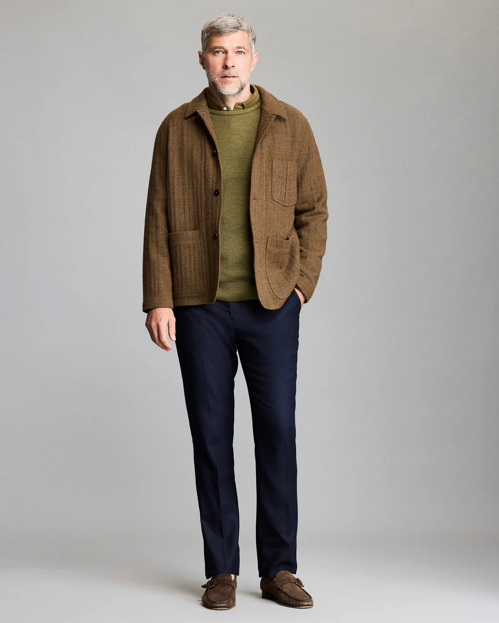 Wool Herringbone Chore Coat - Olive Herringbone