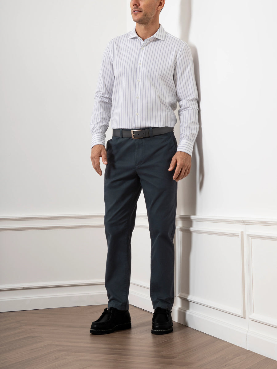 Arthur Track Stripe Shirt - Bright White & Mid Blue