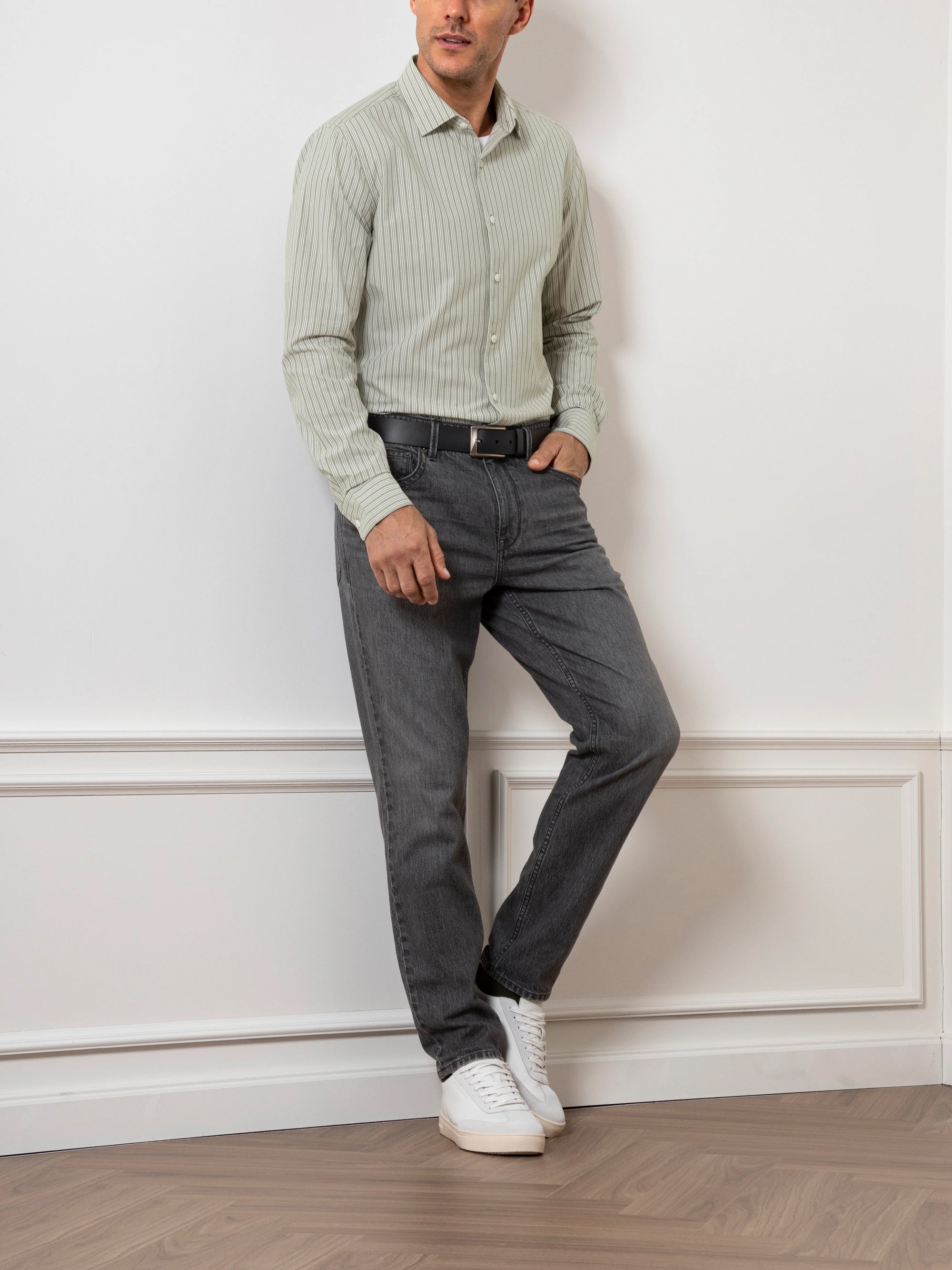 Adrian Pencil Stripe Shirt - Off White & Seagrass