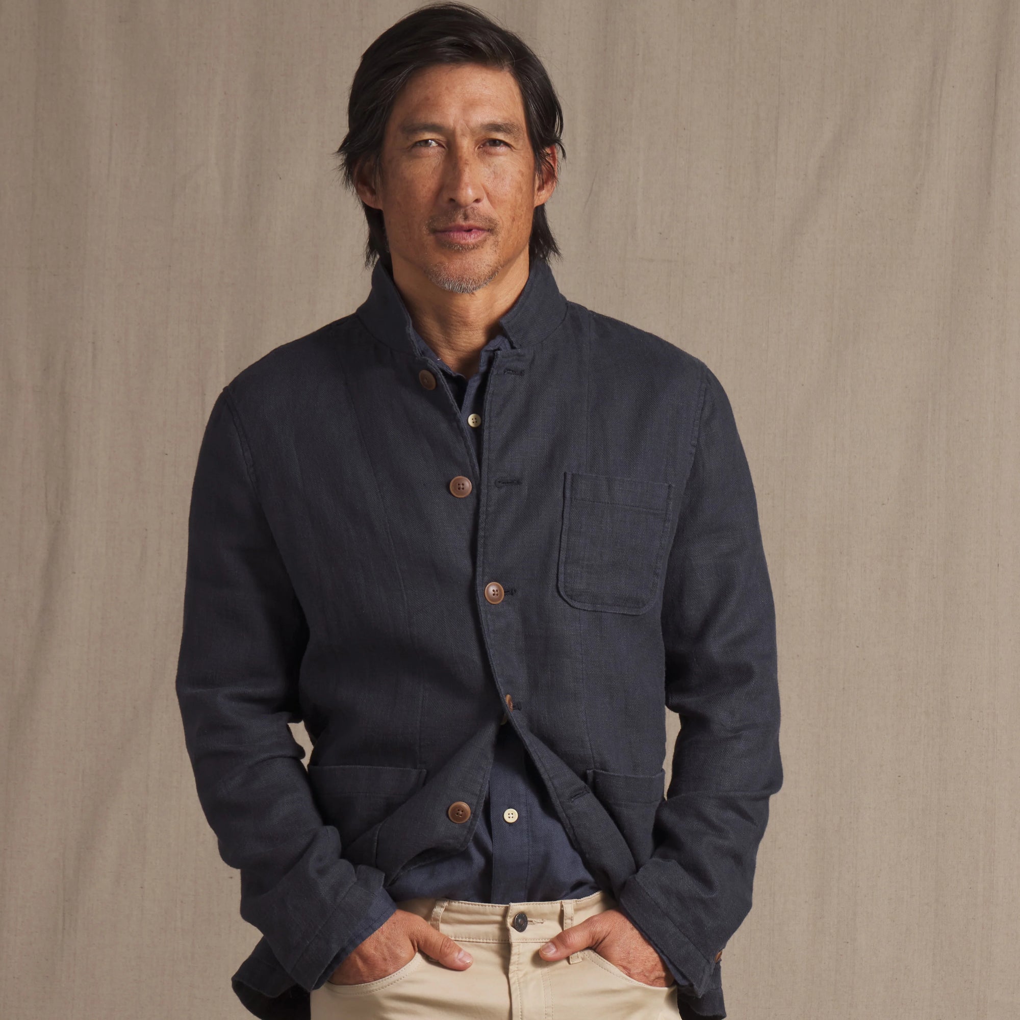 Nelson Ramie Stand Up Collar Blazer - Navy