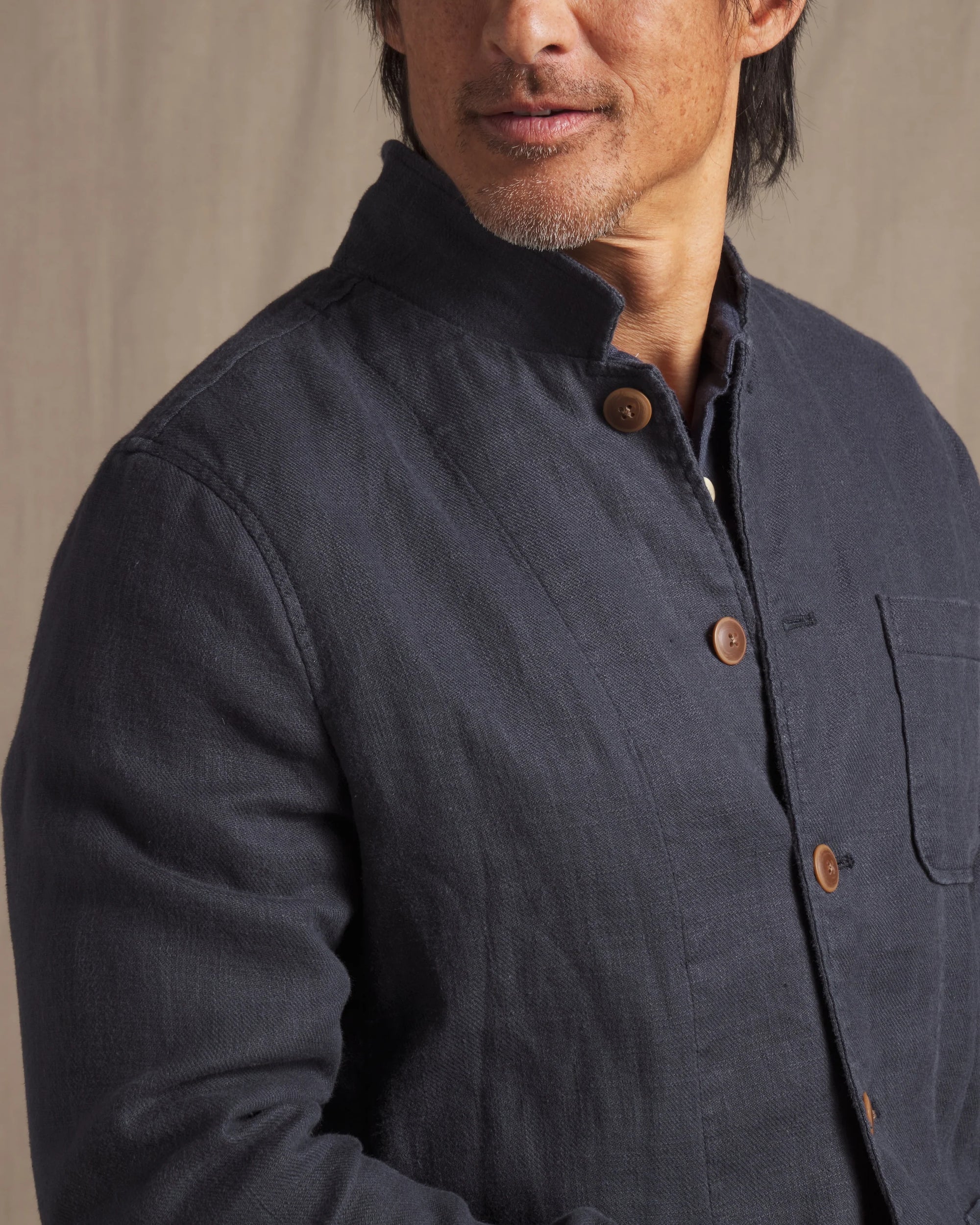 Nelson Ramie Stand Up Collar Blazer - Navy