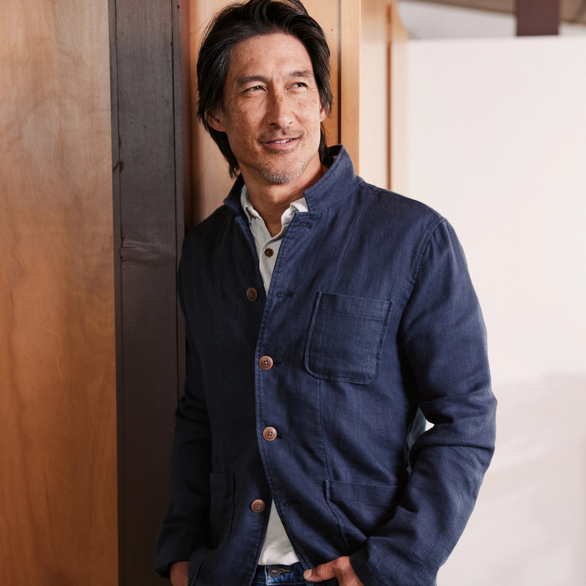 Nelson Ramie Stand Up Collar Blazer - Navy