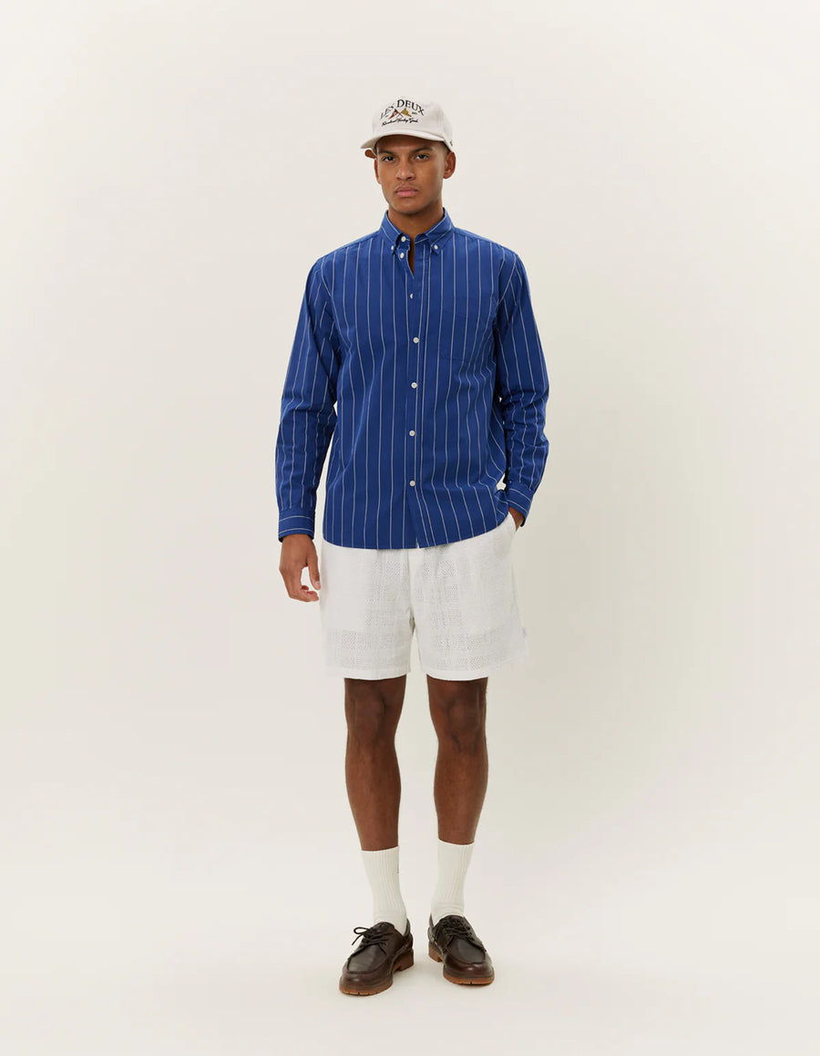 Kent Stripe Peached Poplin Shirt - Blueprint & White