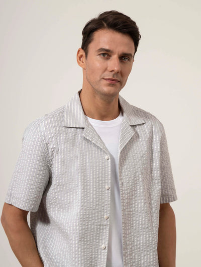 Rockaway Seersucker Stripe Shirt - Light Grey & Bright White