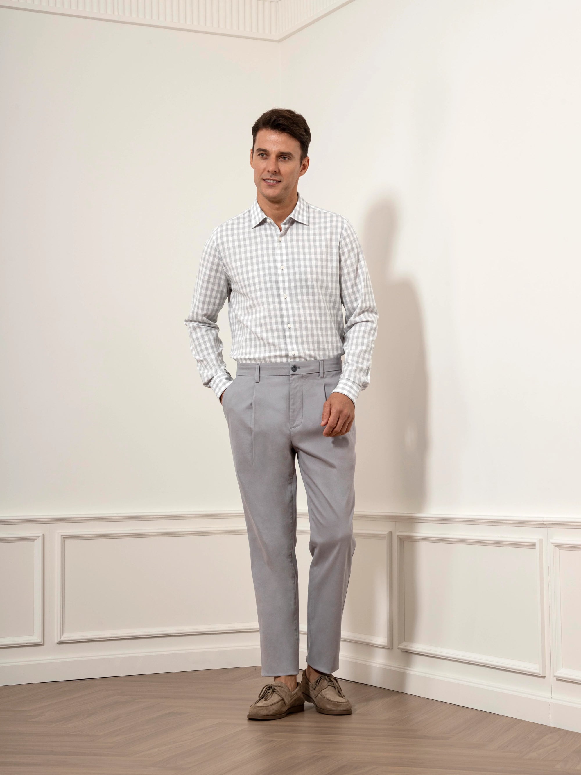 Adrian Gingham Check Shirt - Bright White & Light Grey