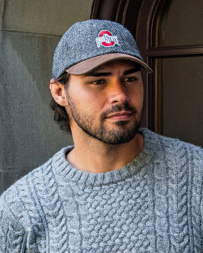 OSU Grey Wool Herringbone Cap w/ Leather Bill - Rich Brown