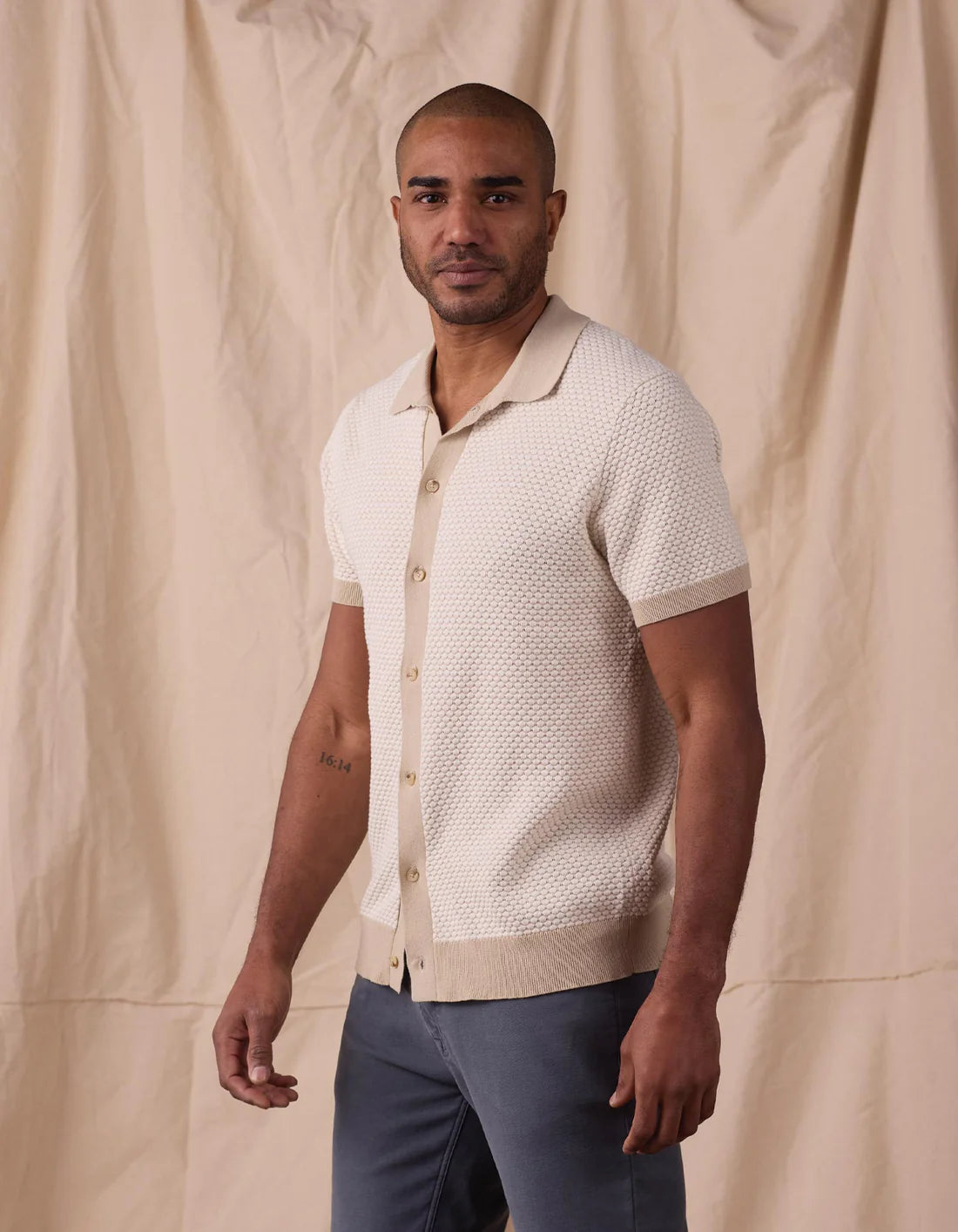 Robles Knit Jacquard Button Up - Ivory & Khaki