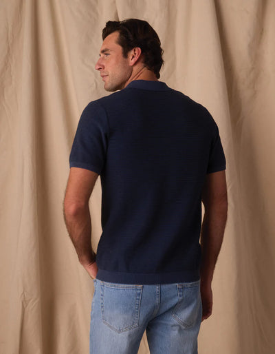 Robles Birdseye Knit Polo - Denim & Dark Navy