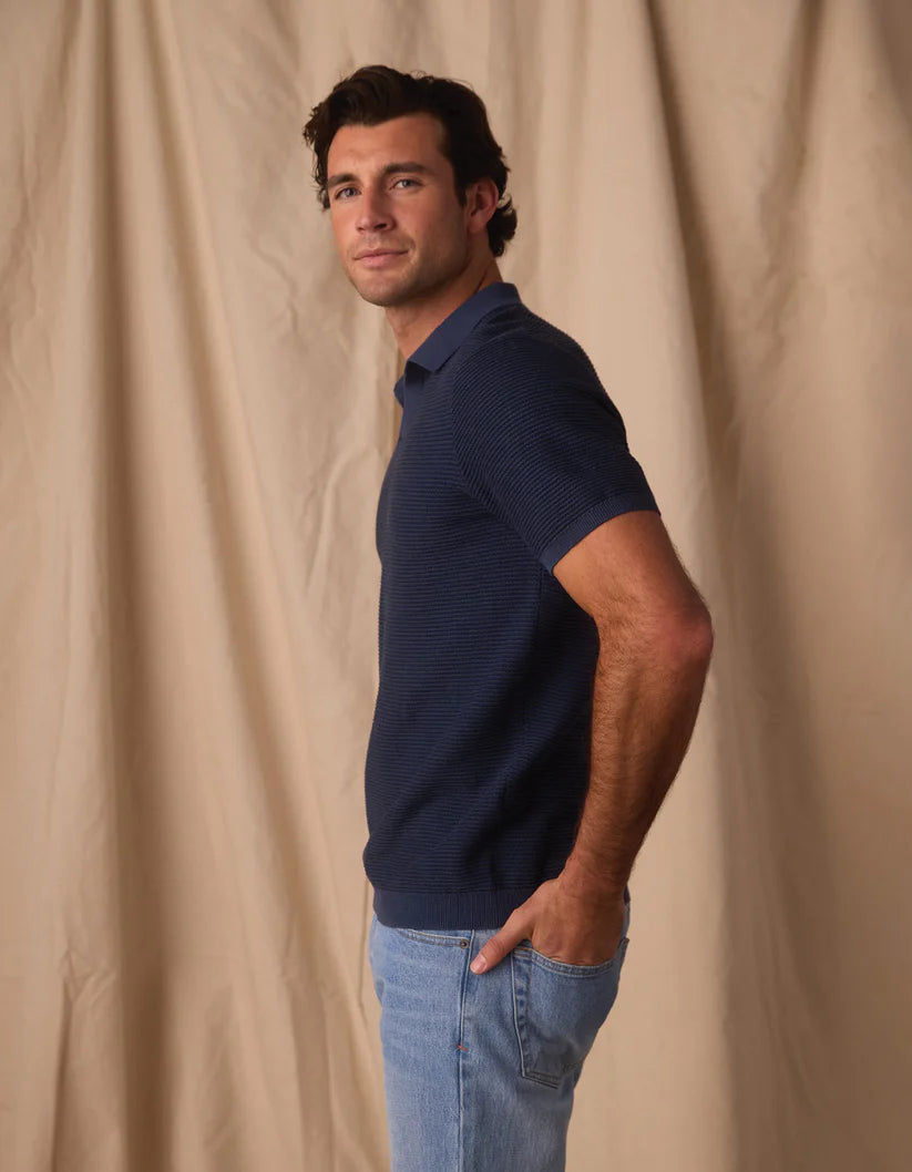 Robles Birdseye Knit Polo - Denim & Dark Navy