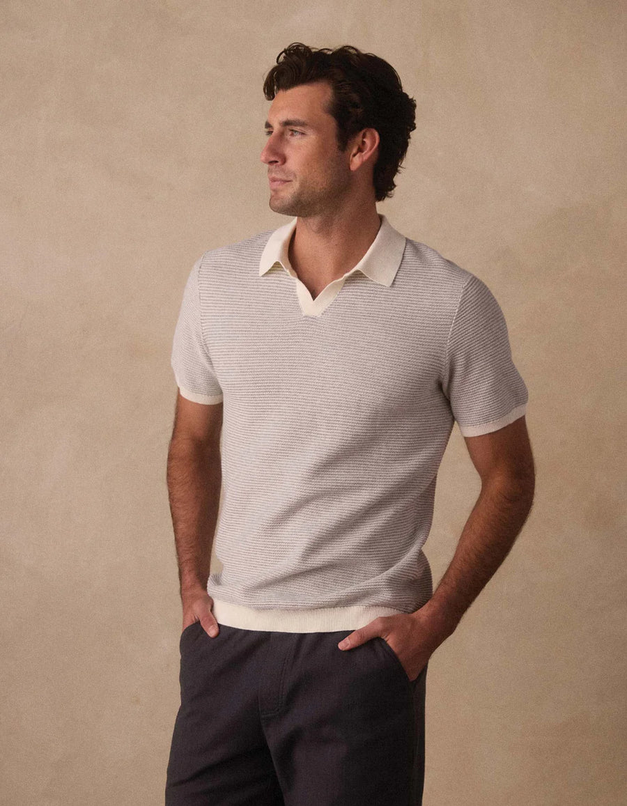 Robles Birdseye Knit Polo - Cream & Grey