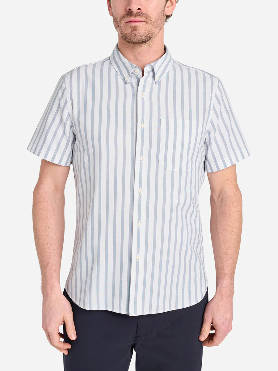 Fulton Short Sleeve Stripe Oxford Shirt - Bright White & Blue
