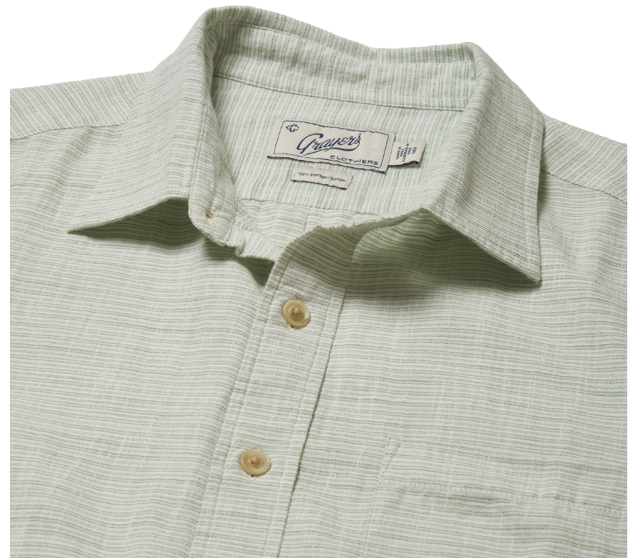 Light Weight Power Loom Short Sleeve Shirt - Green Stripe