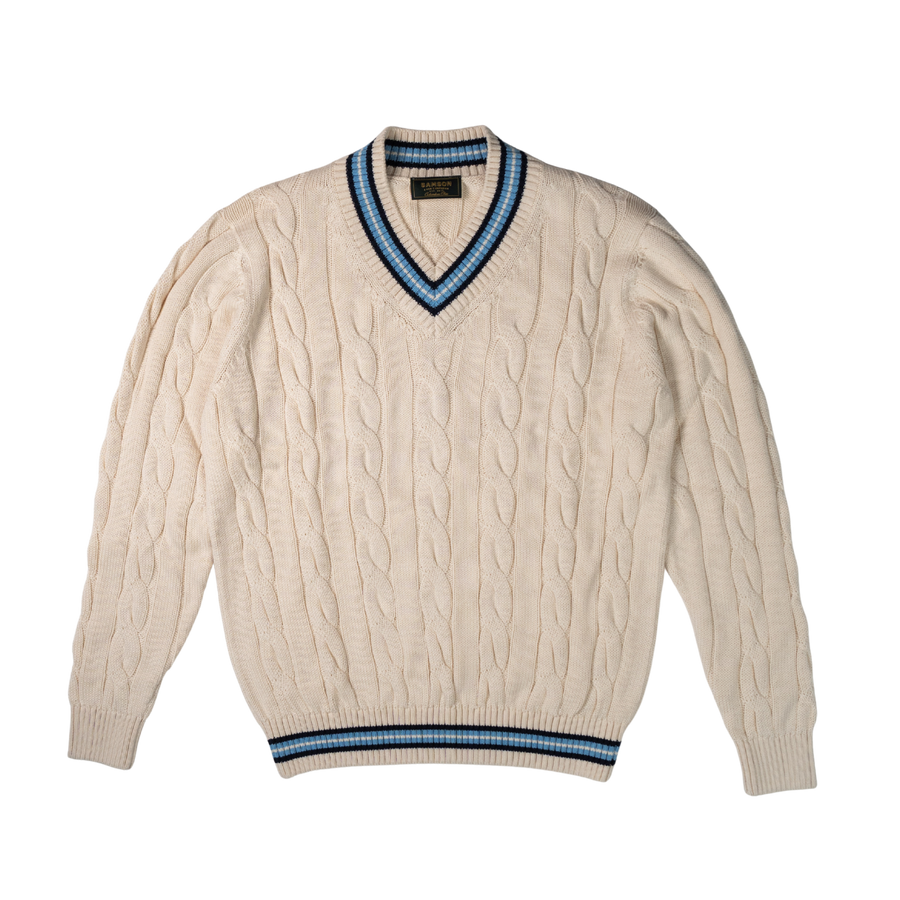 "The Robert" Cricket Sweater - Cream w/ Navy & Powder Blue