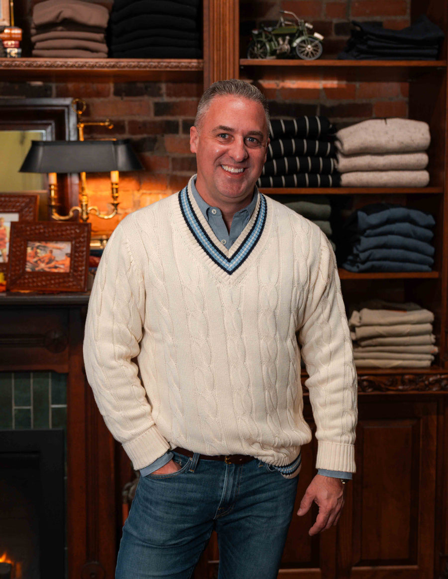 "The Robert" Cricket Sweater - Cream w/ Navy & Powder Blue