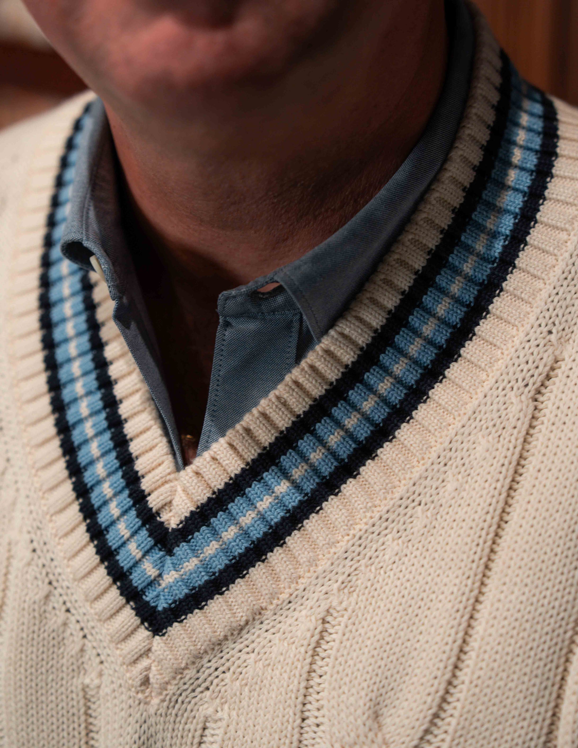 "The Robert" Cricket Sweater - Cream w/ Navy & Powder Blue