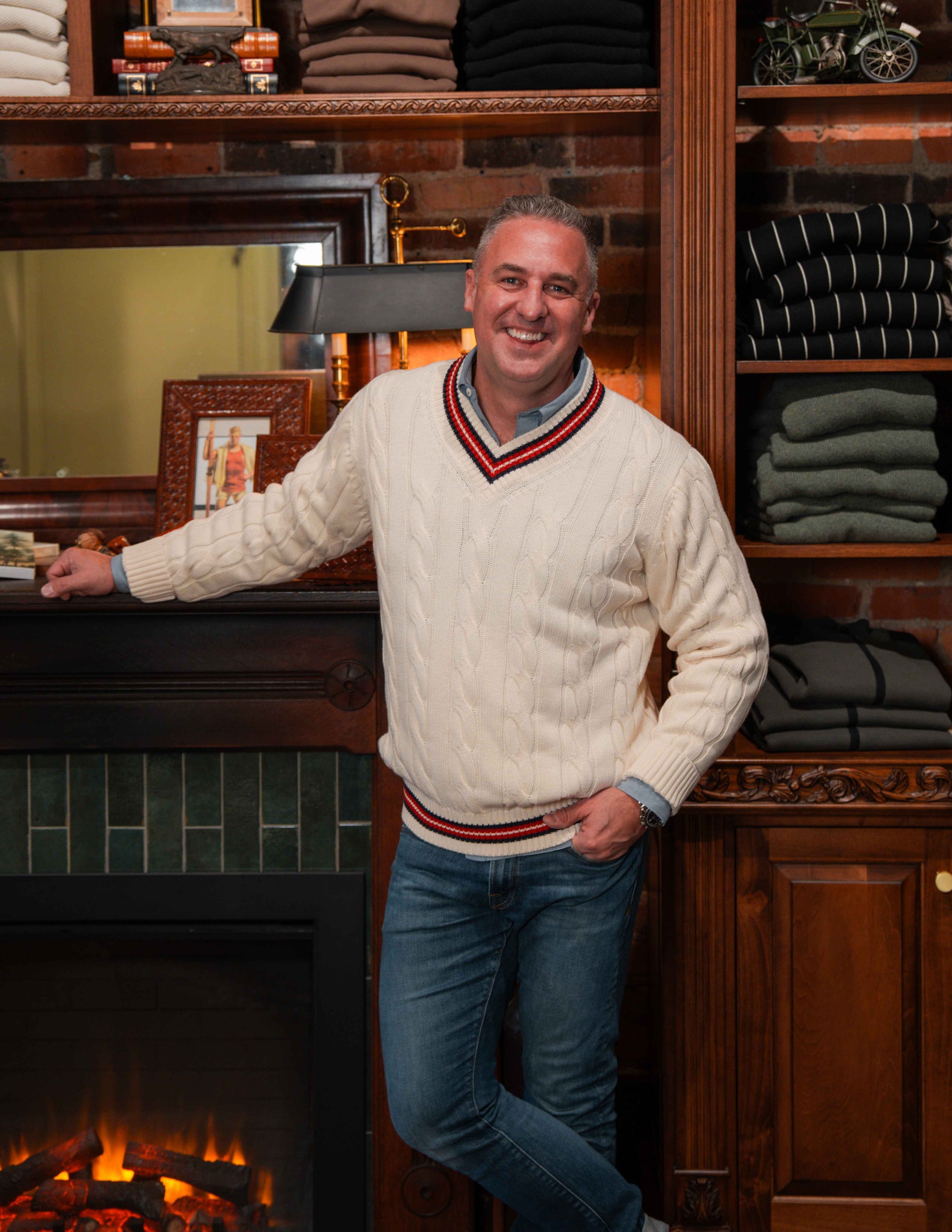 "The Robert" Cricket Sweater - Cream w/ Red & Navy