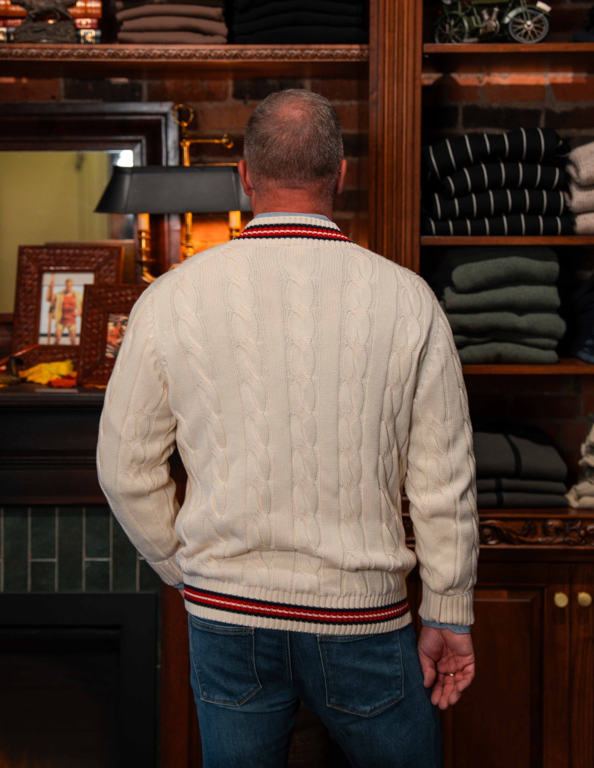 "The Robert" Cricket Sweater - Cream w/ Red & Navy