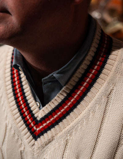 "The Robert" Cricket Sweater - Cream w/ Red & Navy