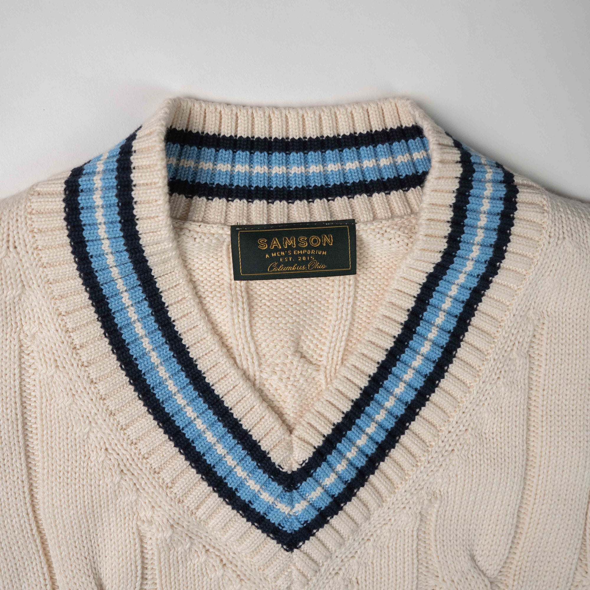 "The Robert" Cricket Sweater - Cream w/ Navy & Powder Blue
