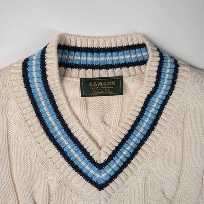 "The Robert" Cricket Sweater - Cream w/ Navy & Powder Blue