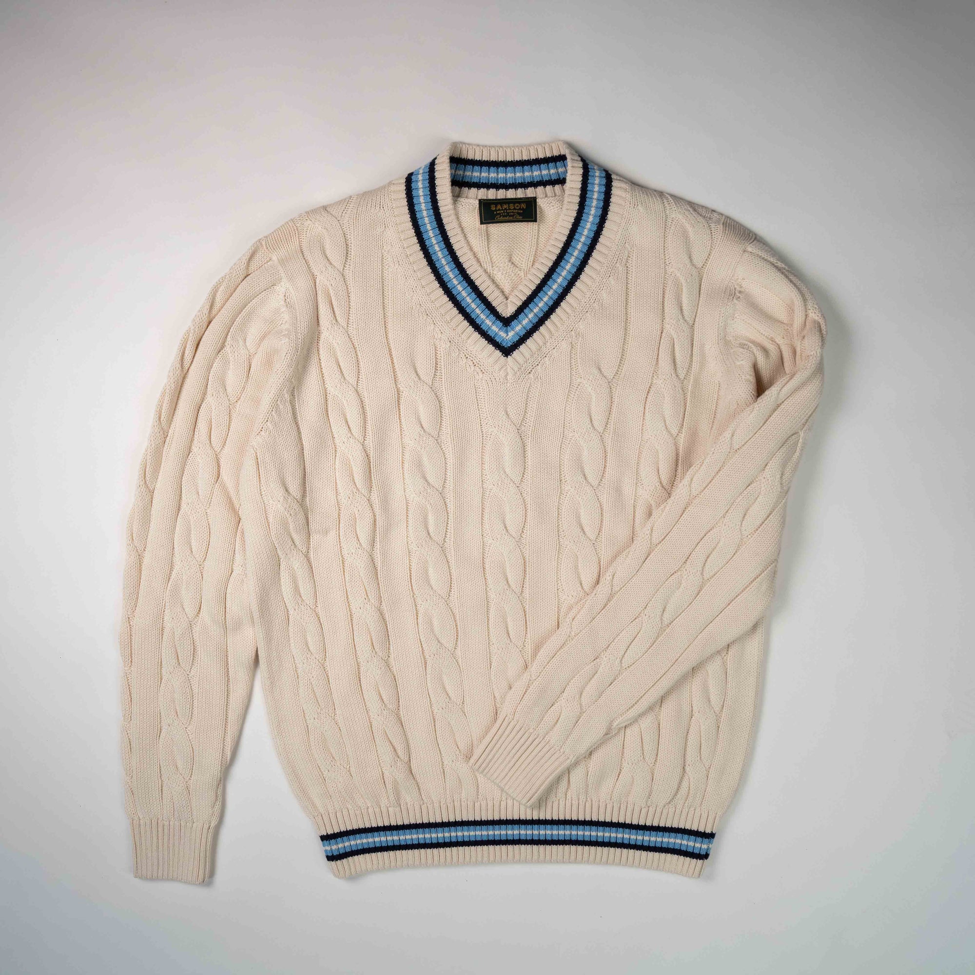 "The Robert" Cricket Sweater - Cream w/ Navy & Powder Blue
