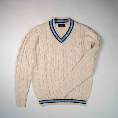 "The Robert" Cricket Sweater - Cream w/ Navy & Powder Blue