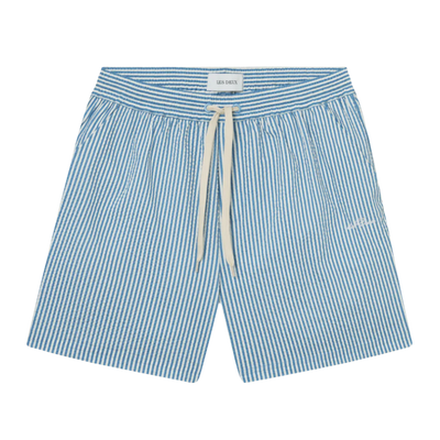 Stan Stripe Seersucker Swim Shorts - Washed Denim Blue & Ivory