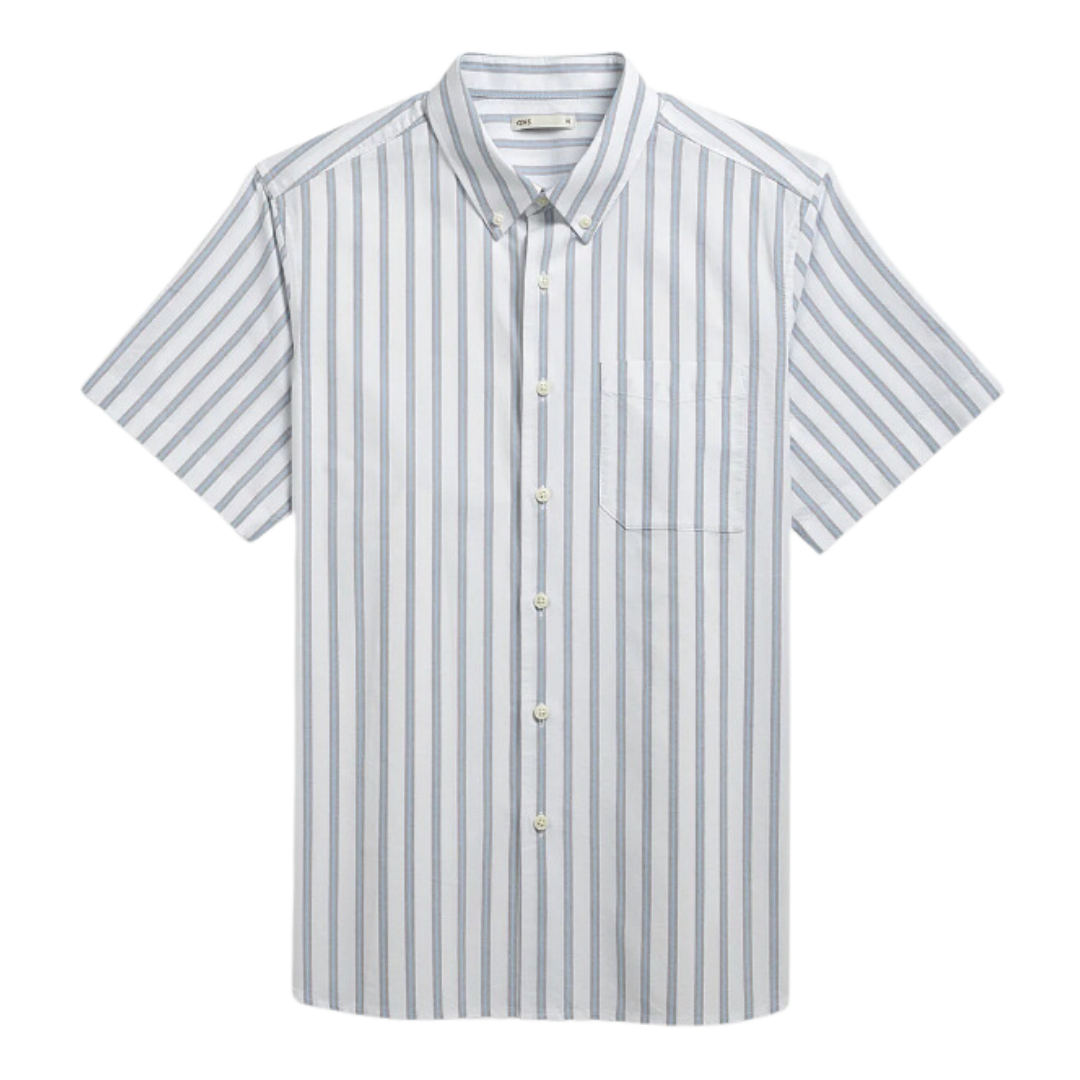 Fulton Short Sleeve Stripe Oxford Shirt - Bright White & Blue